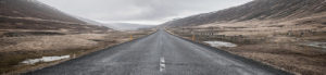 Leere Asphaltstrasse in Naturlandschaft mit grauem Himmel im Hintergrund