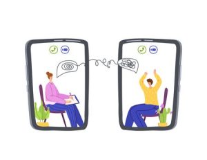 Zeichnung von zwei Personen, die je in einem Smartphone sitzen und reden. eine davon sehr aufgeregt, die andere ruhig.